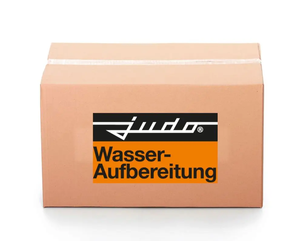Braune Kartonverpackung mit JUDO-Logo und dem Schriftzug "Wasser-Aufbereitung" in schwarz und orange.